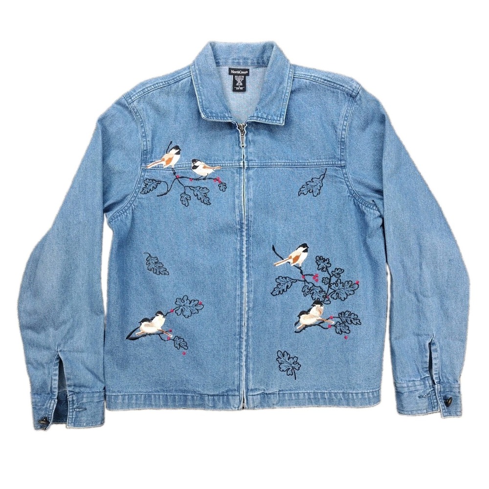 Embroidered Denim Jacket Beautifully Designed With CHICKADEES AND LEAVES SZ LG